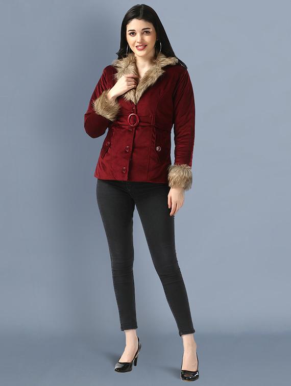 women maroon solid lapel neck fur jacket - 18138375 - Standard Image - 3