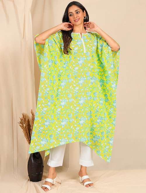 yellow cotton kaftan kurta - 18140764 - Standard Image - 0