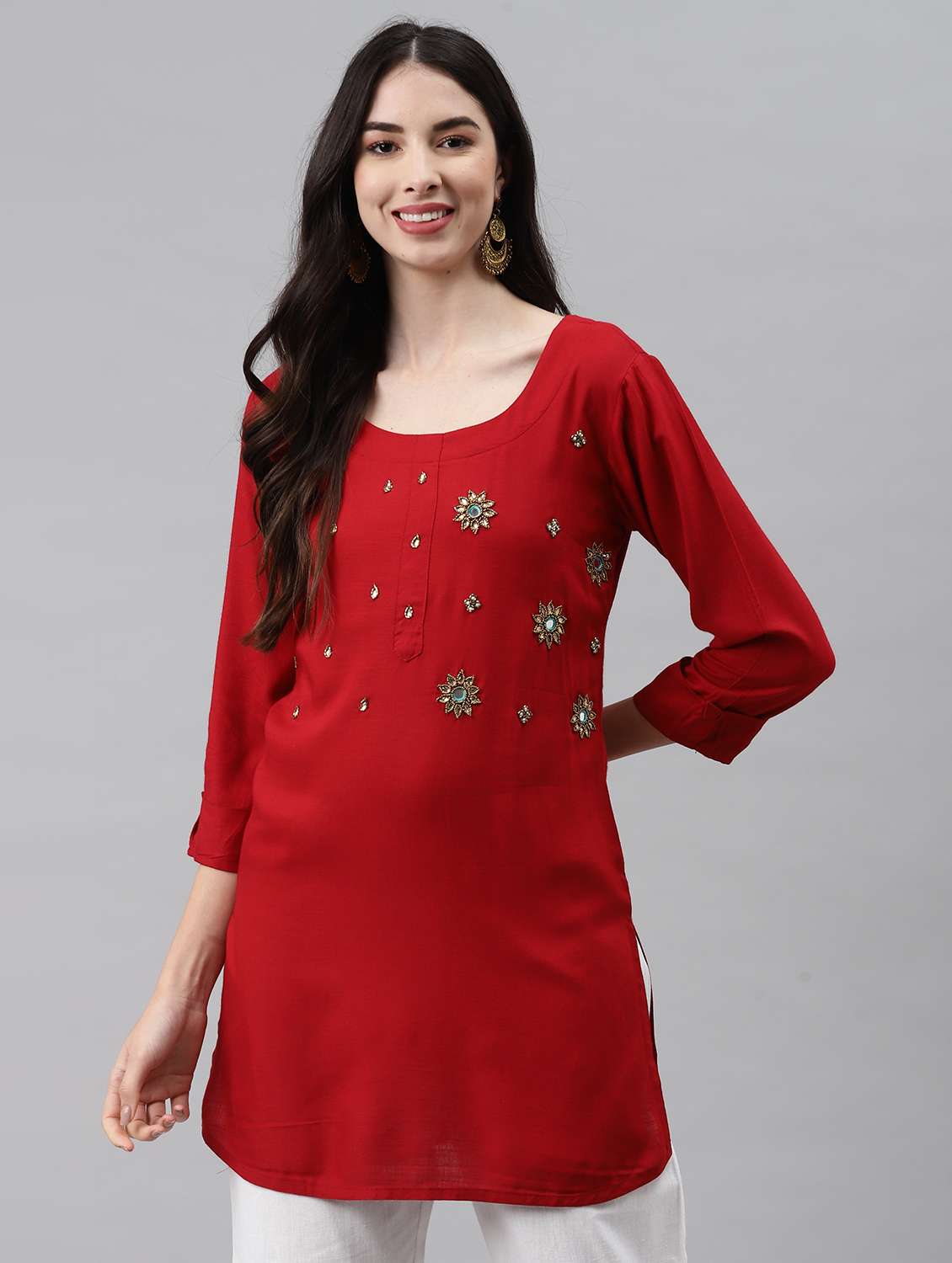 maroon embellished straight kurti