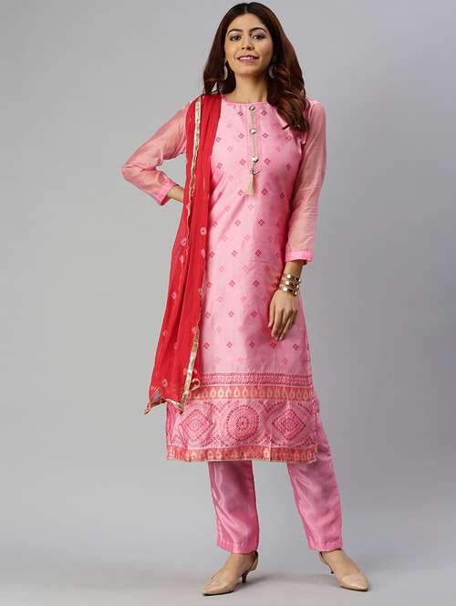 pink semi-stitched suit set - 18141620 -  Standard Image - 0