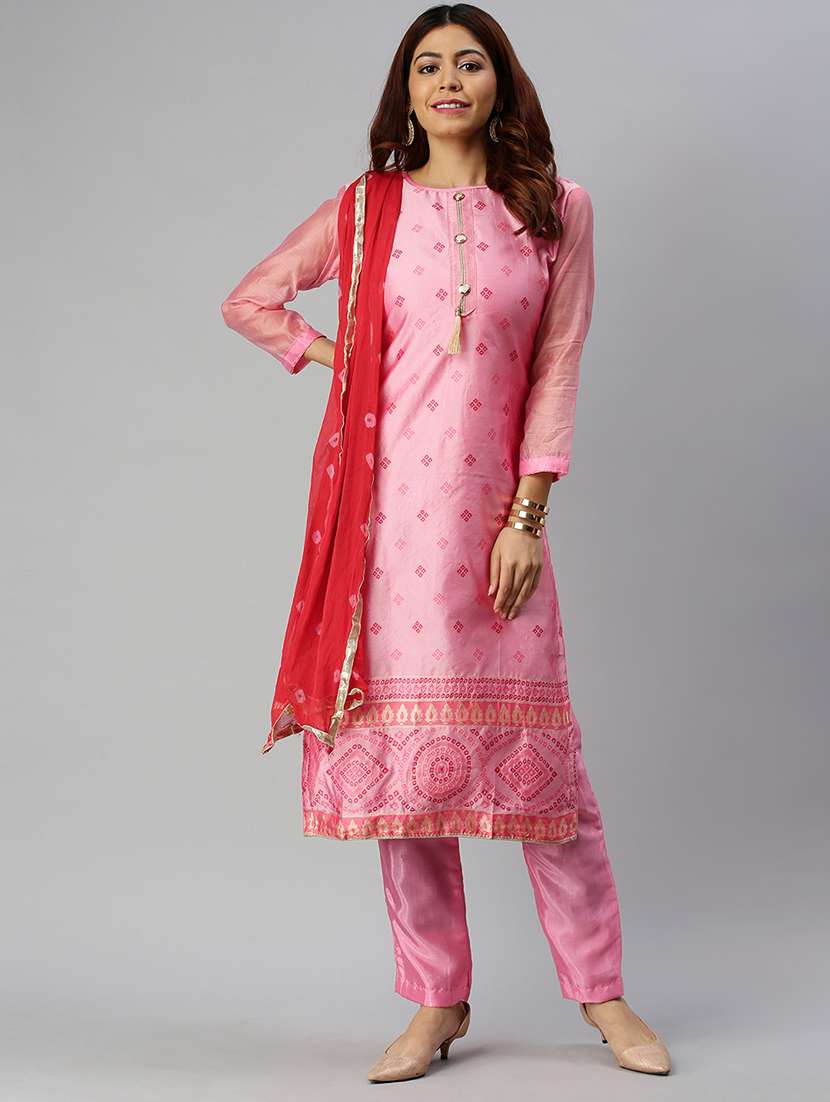 pink semi-stitched suit set - 18141620 -  Zoom Image - 0