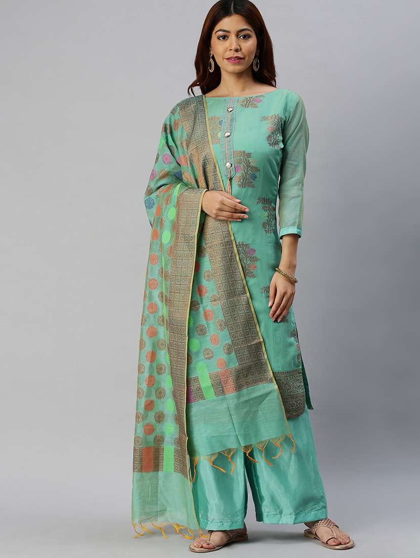 turquoise semi-stitched suit set - 18141626 - Zoom Image - 0