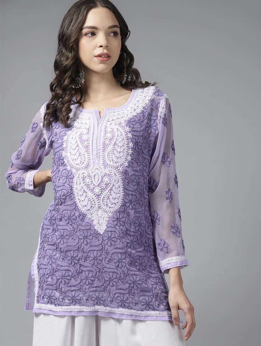 ada hand-embroidered lavender chikankari straight kurti - 18143491 -  Zoom Image - 0
