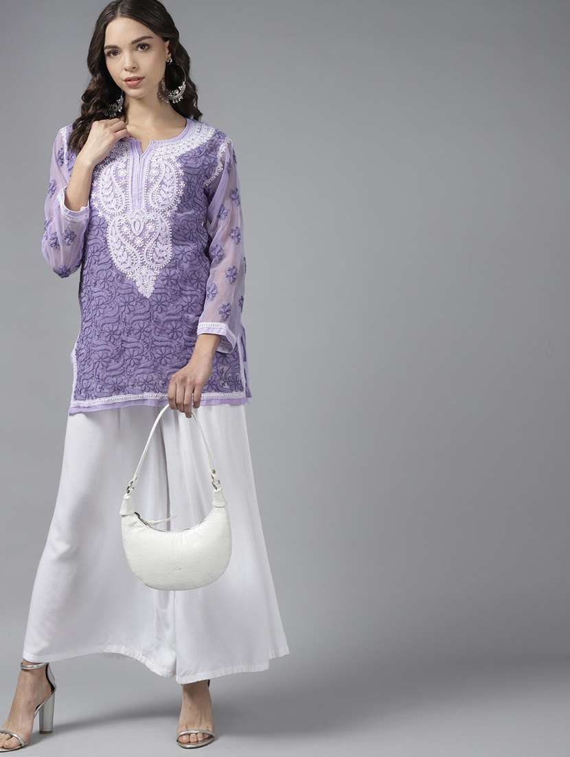 ada hand-embroidered lavender chikankari straight kurti - 18143491 - Standard Image - 3