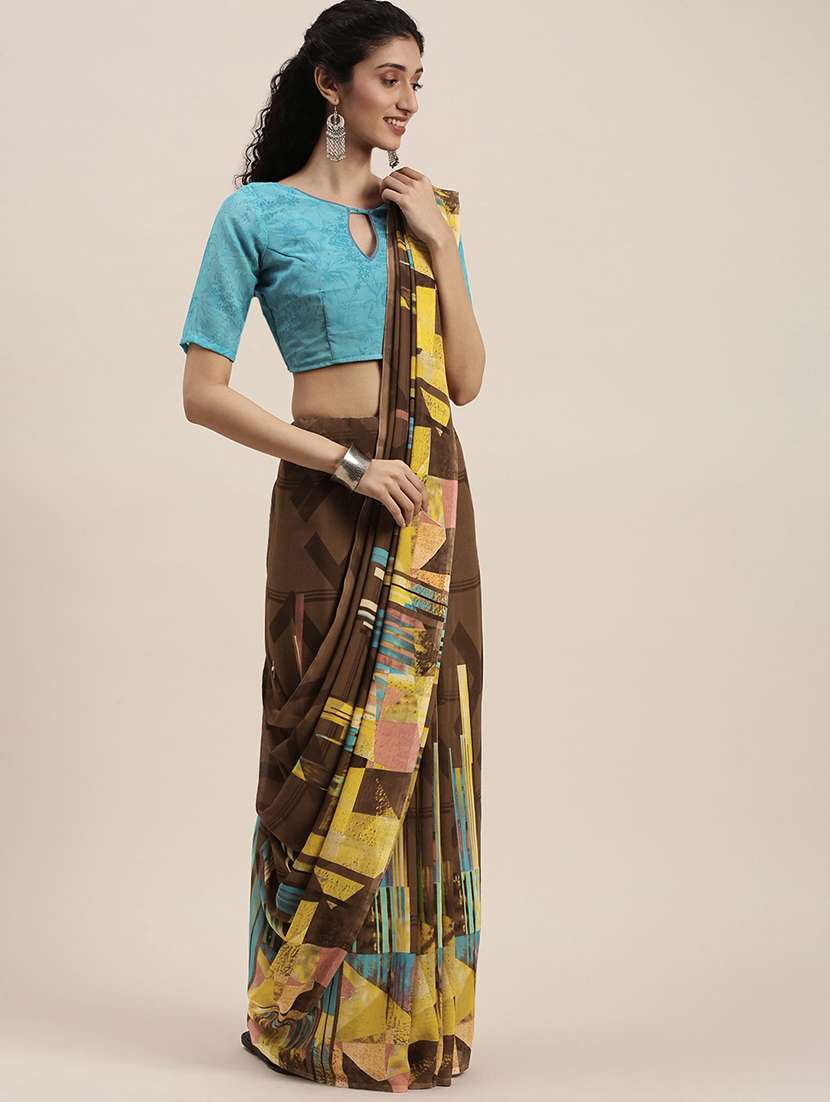 brown georgette printed saree with blouse