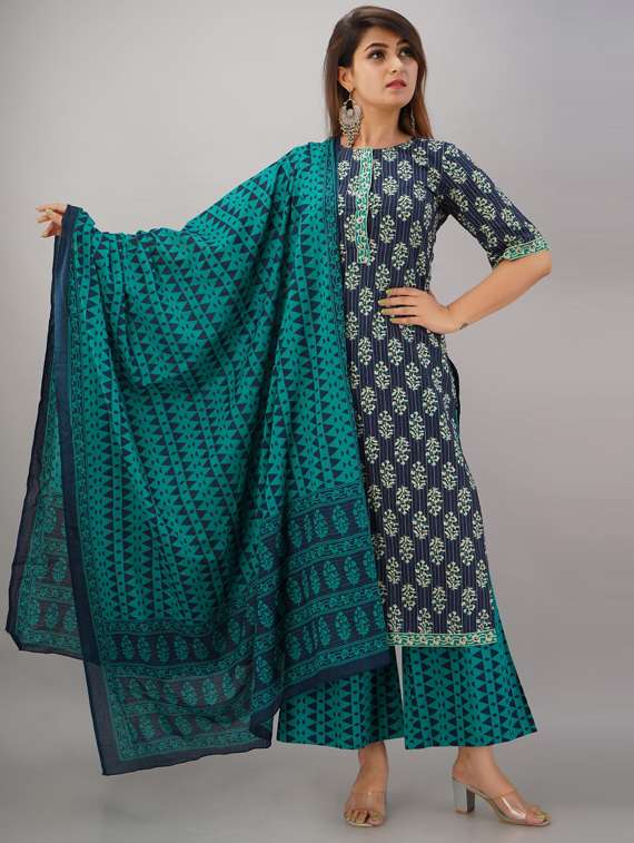 turquoise cotton kurta dupatta  set