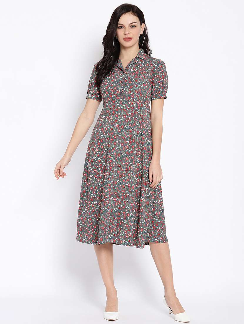 puffed sleeved printed a-line dress - 18151892 - Zoom Image - 0