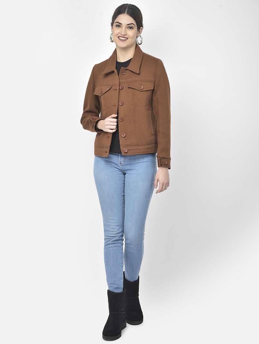 women brown solid shirt collar jacket - 18151946 - Standard Image - 3