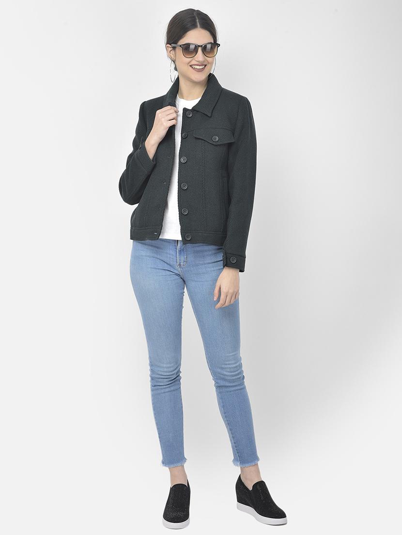 women teal solid shirt collar jacket - 18151947 - Standard Image - 3