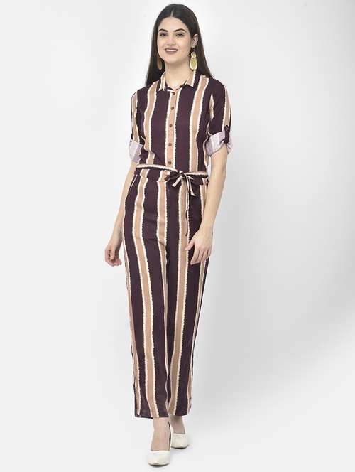 maroon stripes full leg jumpsuit - 18152289 -  Standard Image - 0