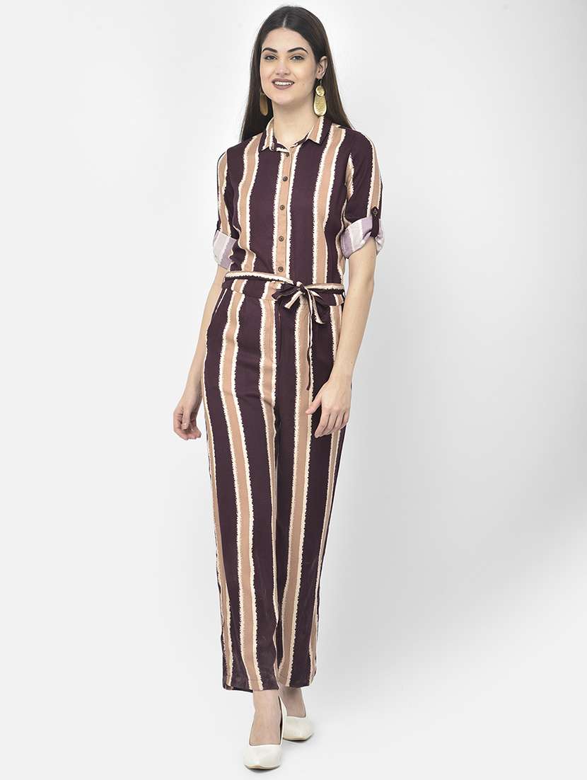 maroon stripes full leg jumpsuit - 18152289 -  Zoom Image - 0