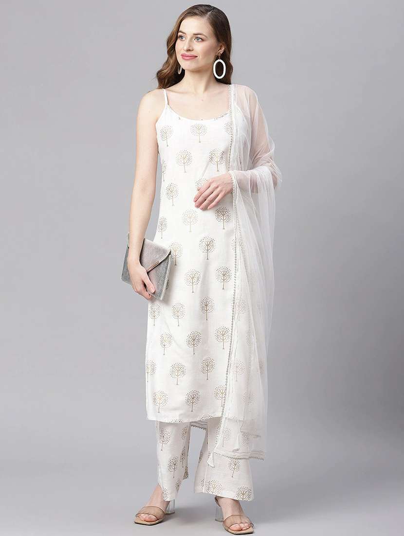 women whte sleeveless kurta palazzo with dupatta set - 18160271 -  Standard Image - 3