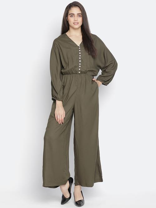 v neck solid full leg jumpsuit - 18164700 -  Standard Image - 0