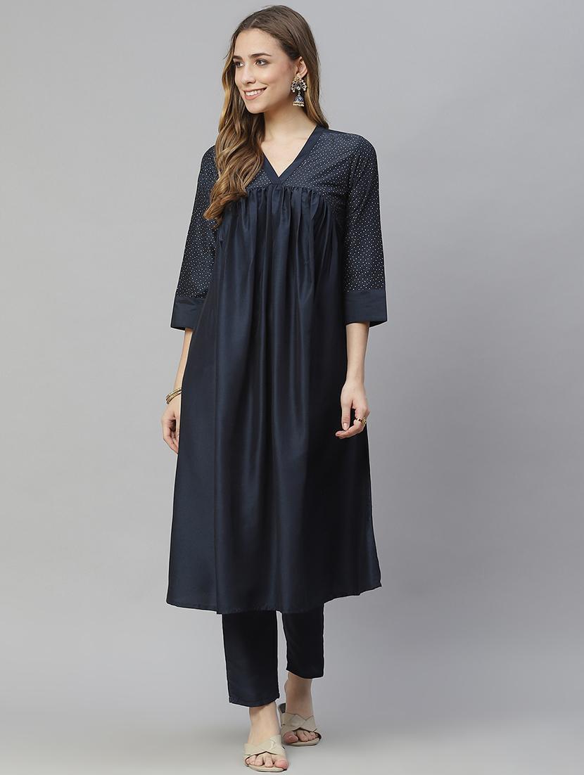 navy art silk kurta pant set - 18170458 - Zoom Image - 0