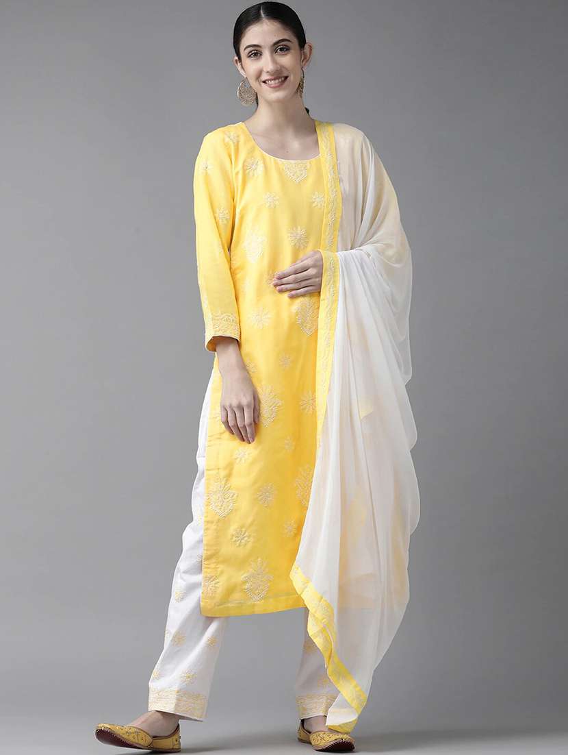 ada hand embroidered yellow/white cotton lucknowi chikankari unstitched suit piece	 - 18172879 -  Zoom Image - 0