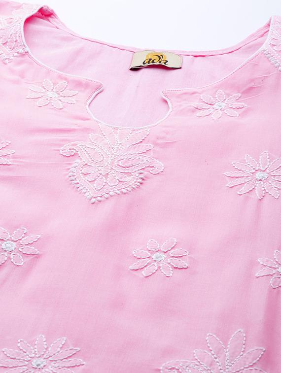 ada hand embroidered pink/white cotton lucknowi chikankari unstitched suit piece - 18172880 - Standard Image - 5