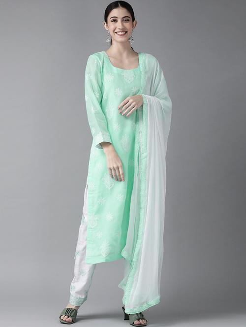ada hand embroidered sea green cotton lucknowi chikankari unstitched suit piece - 18172881 - Standard Image - 0