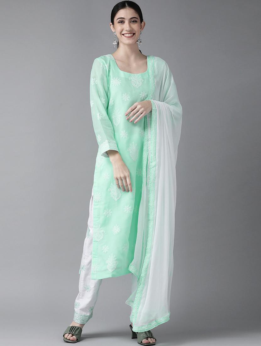 ada hand embroidered sea green cotton lucknowi chikankari unstitched suit piece - 18172881 - Zoom Image - 0