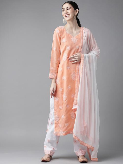 ada hand embroidered peach/white cotton lucknowi chikankari unstitched suit piece - 18172882 - Standard Image - 0