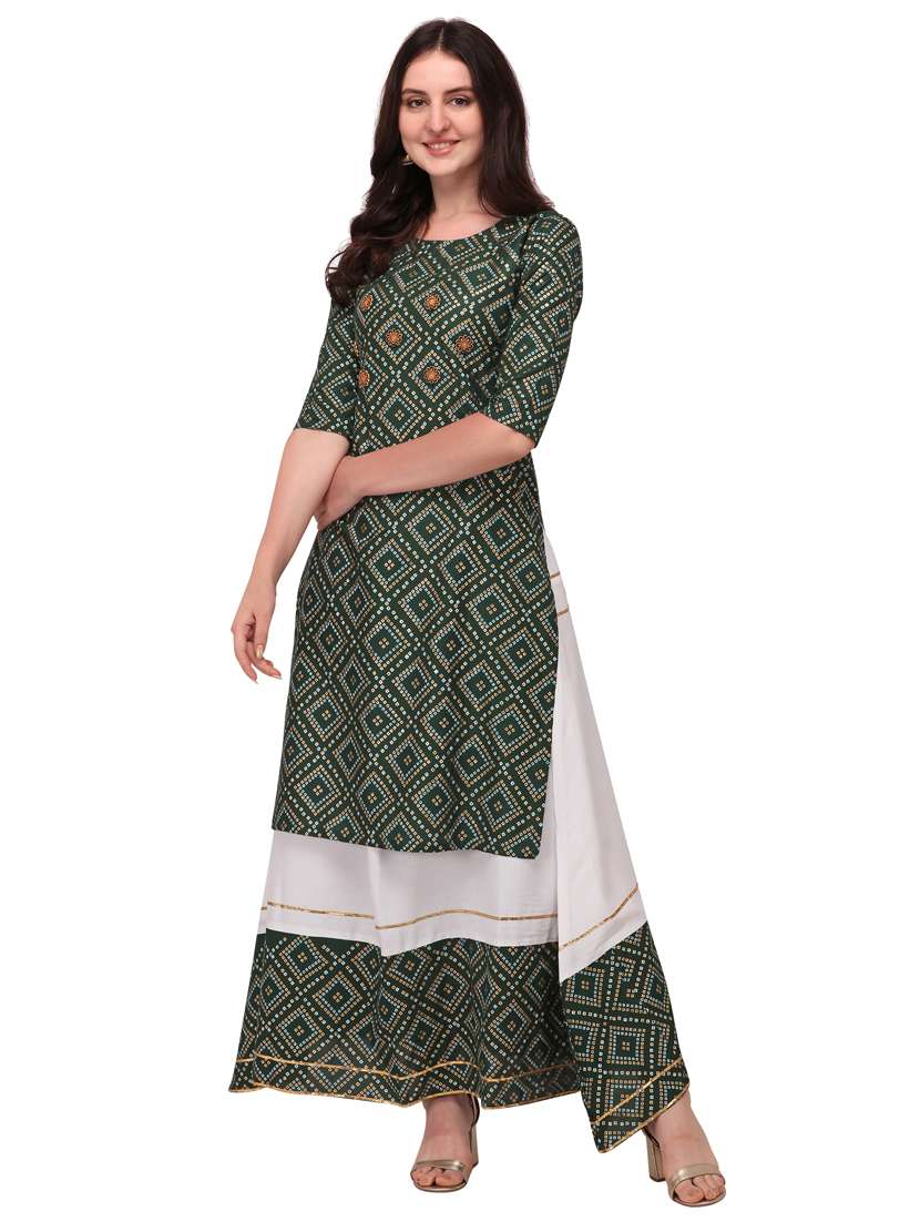 green rayon kurta skirt  set