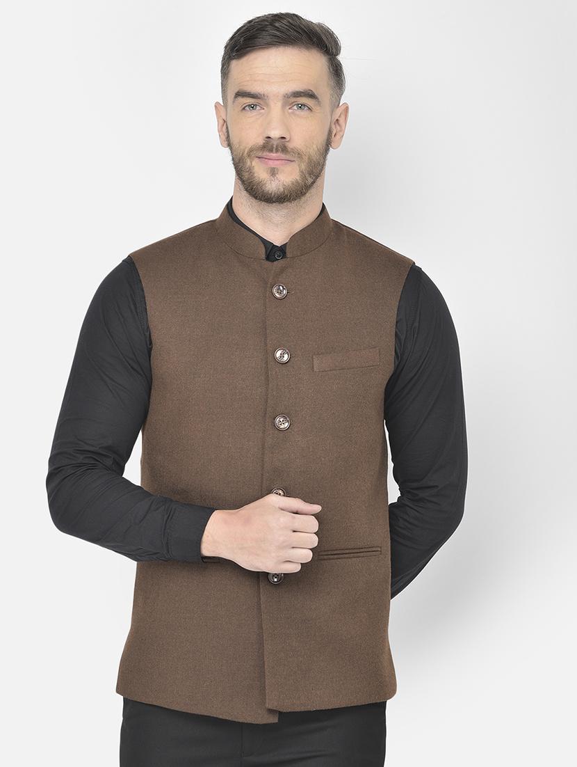 brown solid classic nehru jacket - 18178895 -  Zoom Image - 0
