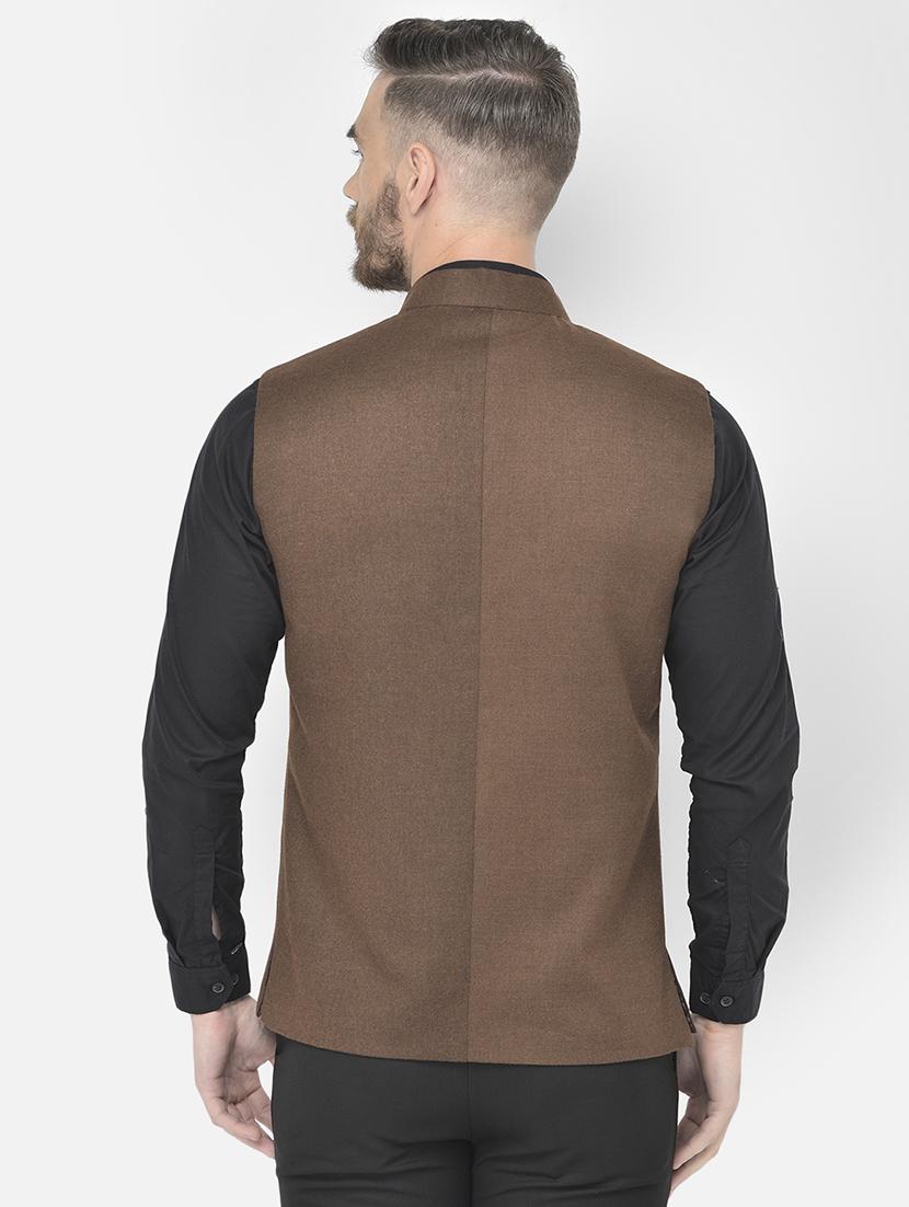 brown solid classic nehru jacket - 18178895 - Standard Image - 3