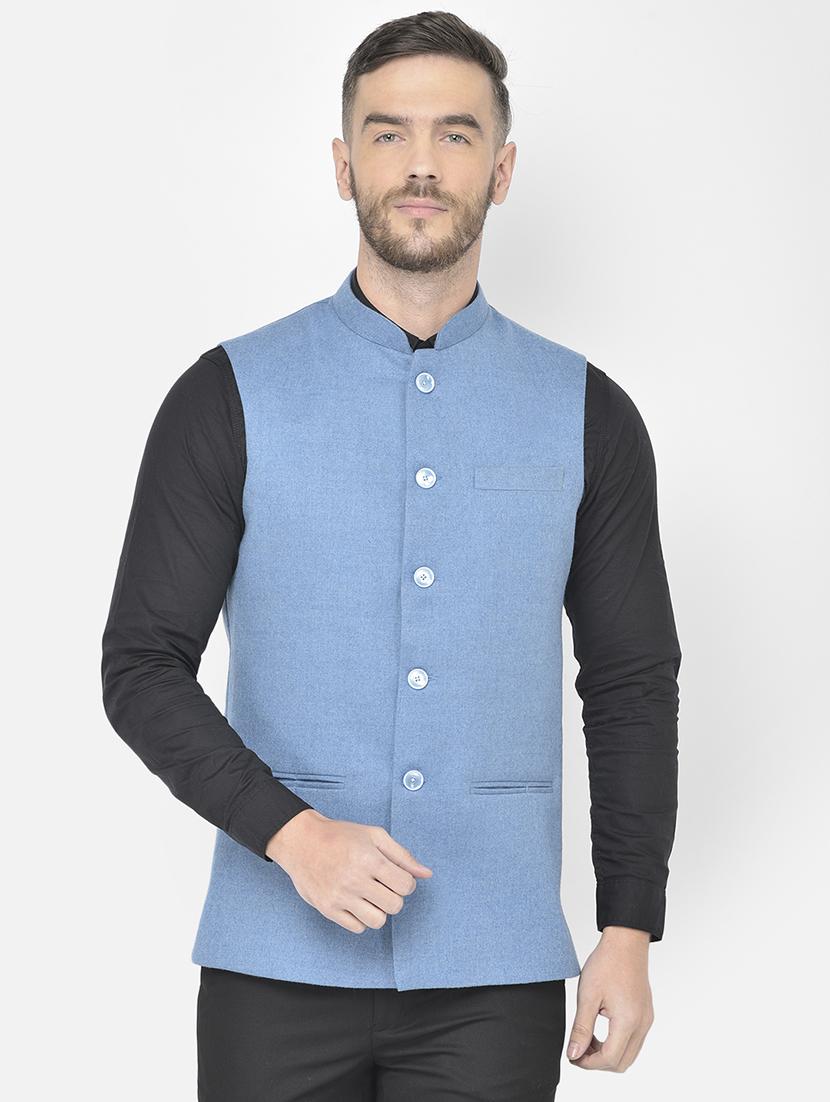 light blue solid classic nehru jacket - 18178899 -  Zoom Image - 0