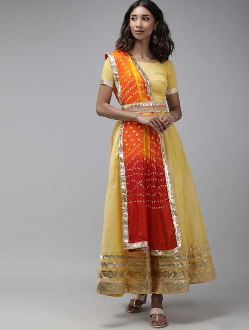 yellow chanderi flared lehenga - 18182316 -  Standard Image - 0