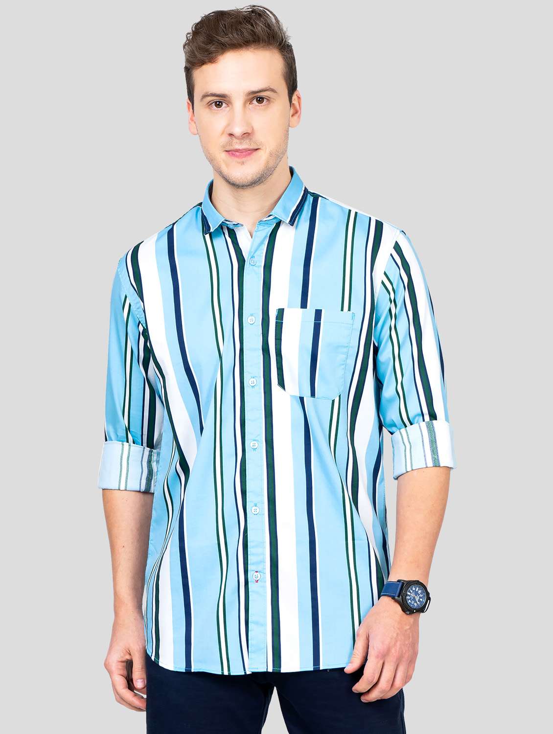 turquoise blue striped casual shirt - 18186554 - Zoom Image - 0