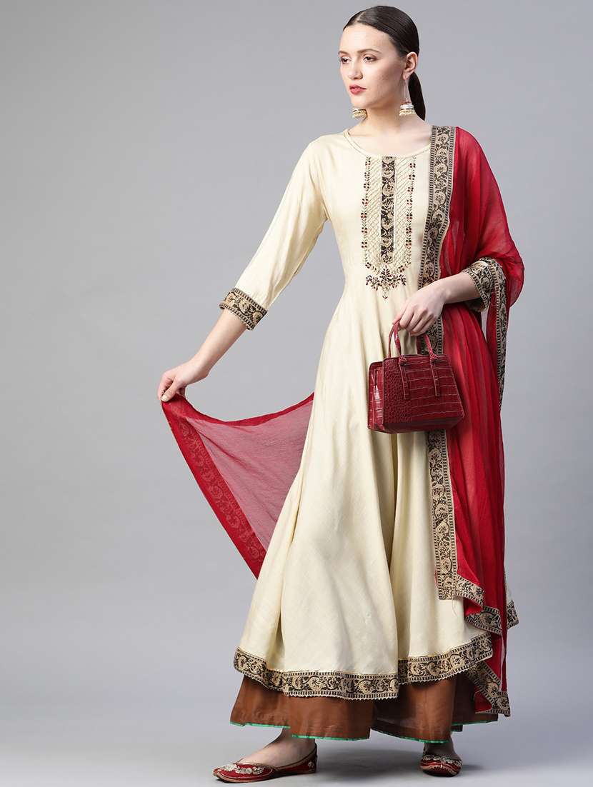 beige solid a-line kurta and dupatta set