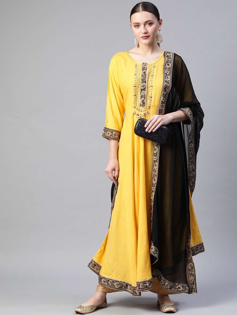 yellow solid a-line kurta and dupatta set