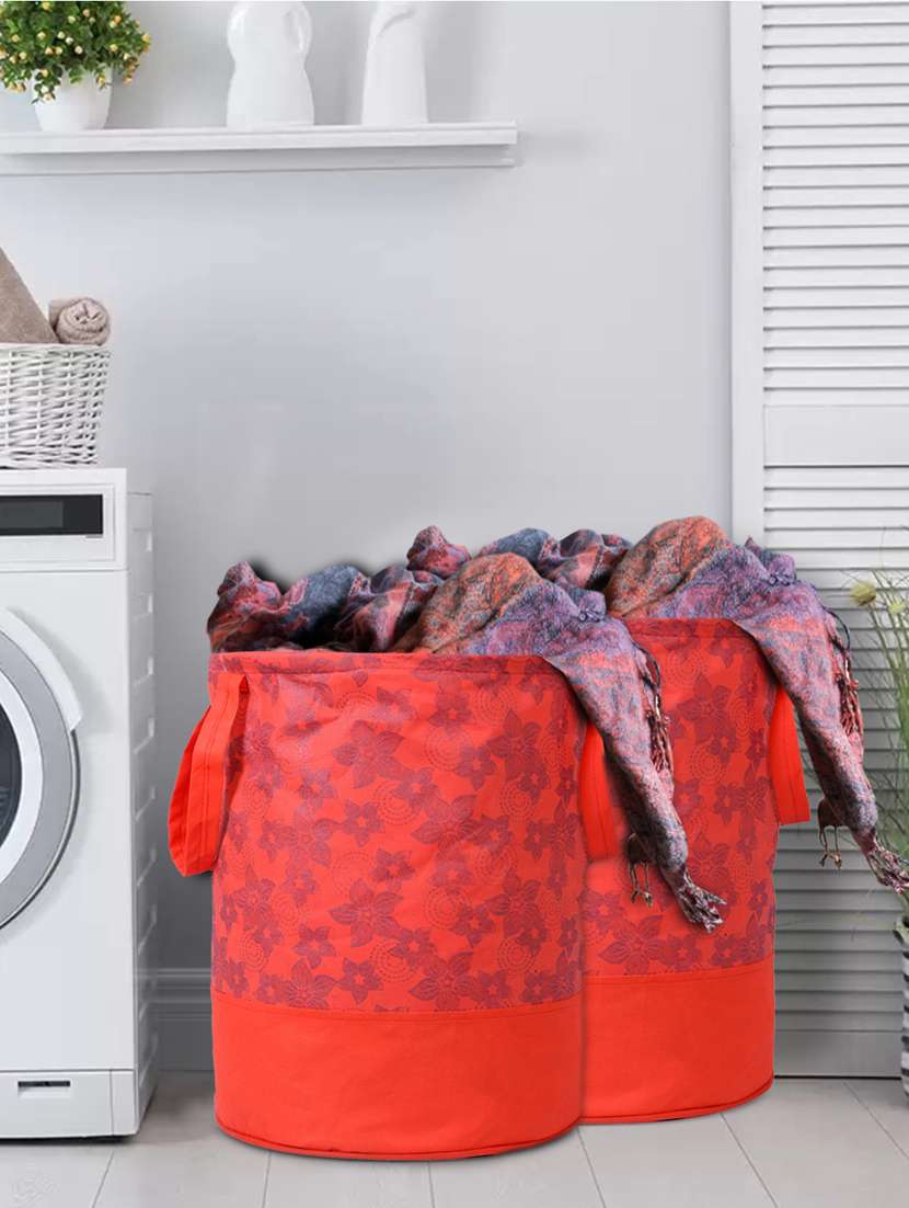 kuber industries metalic flower print round foldable laundry basket with handles,45 ltr (red)