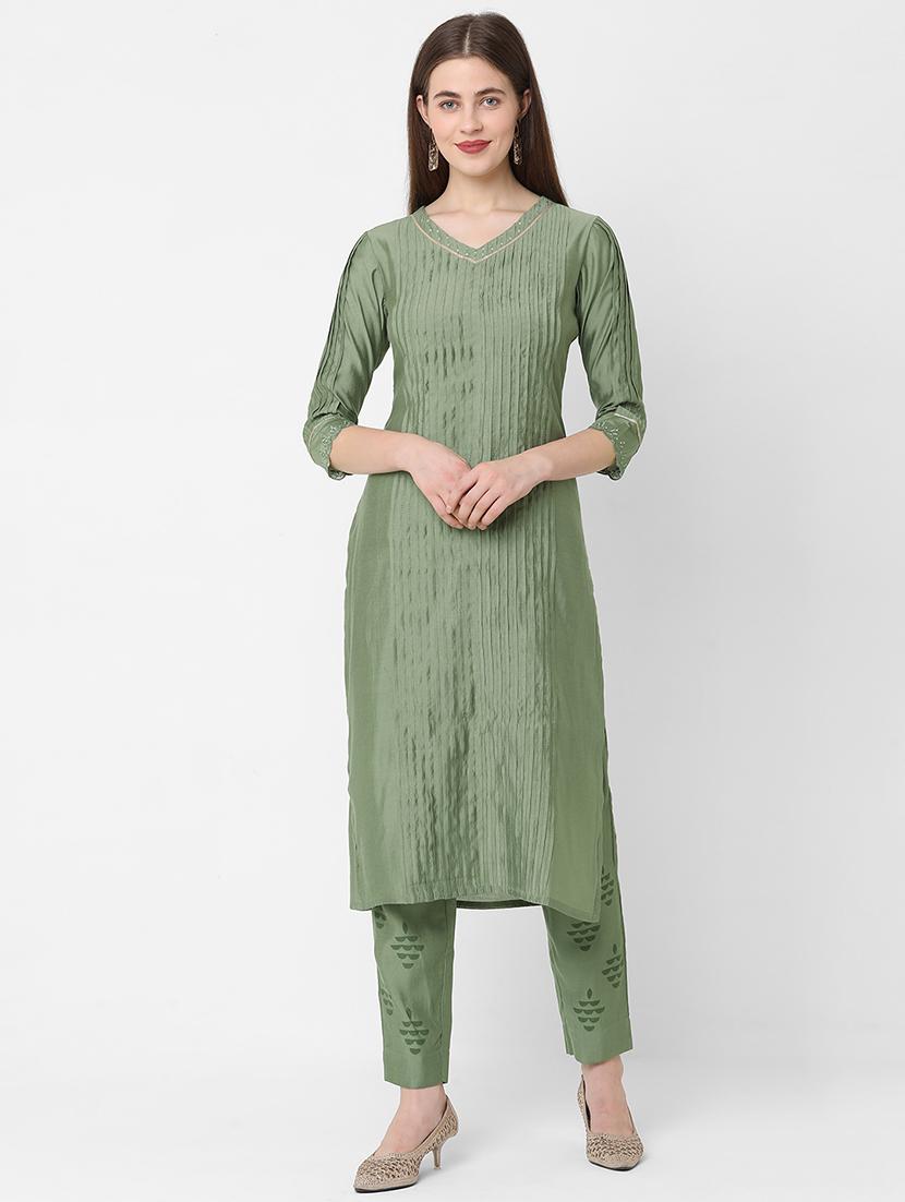 green viscose kurta pant  set - 18189443 -  Zoom Image - 0