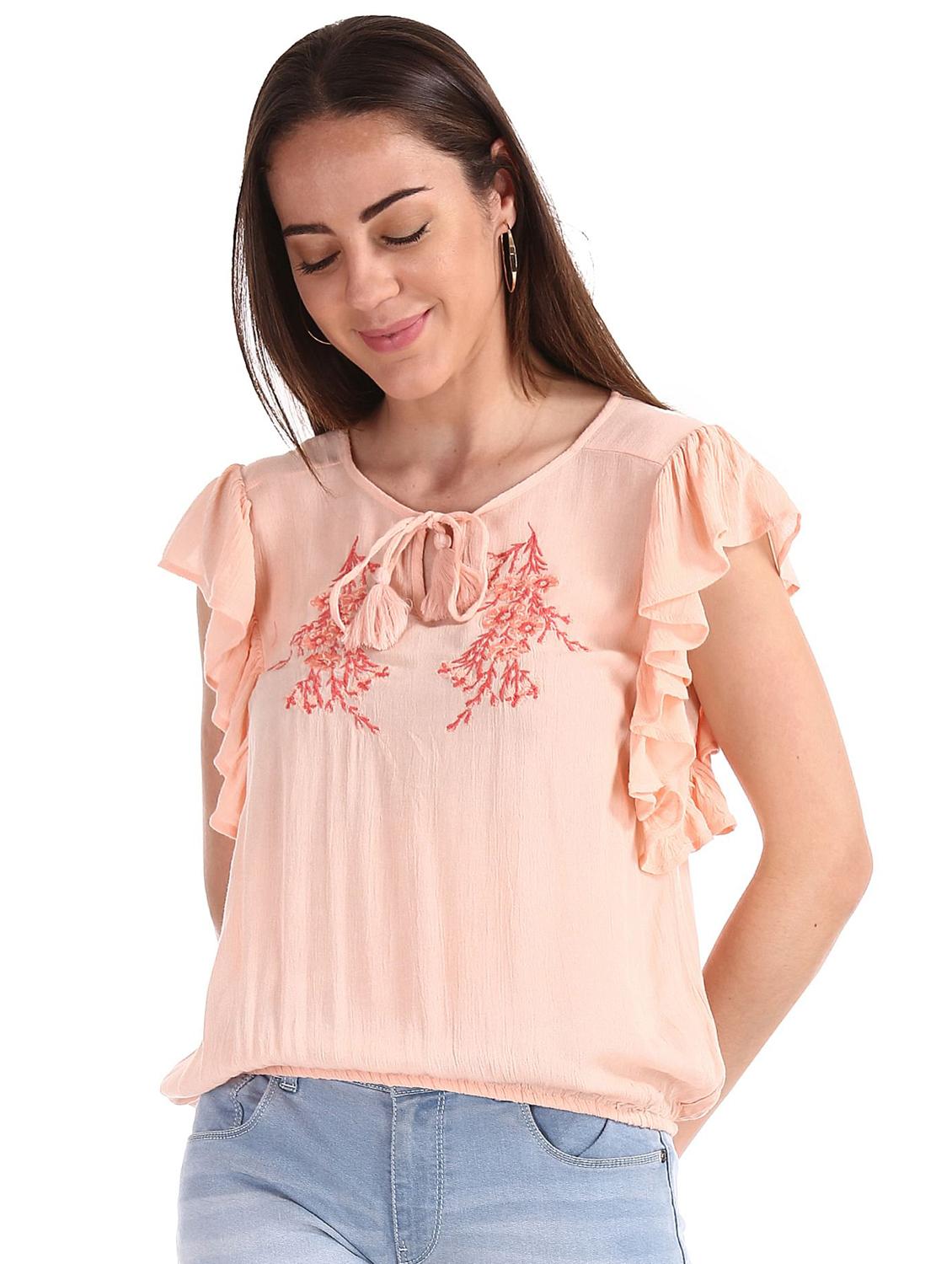 peach embroidered regular top - 18195381 -  Zoom Image - 0