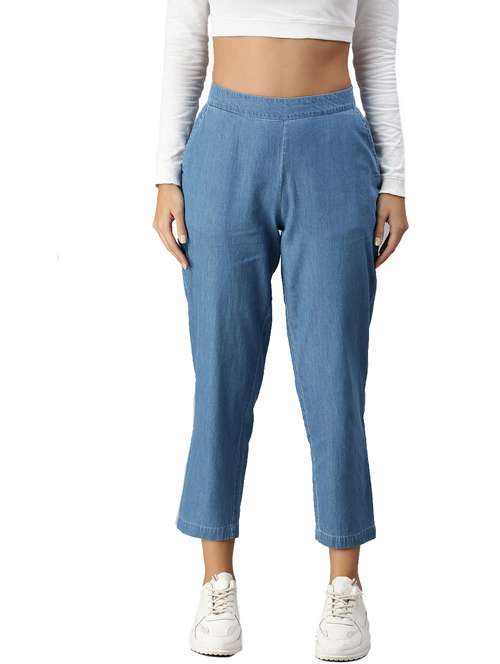 light blue solid straight trouser - 18203016 - Standard Image - 0