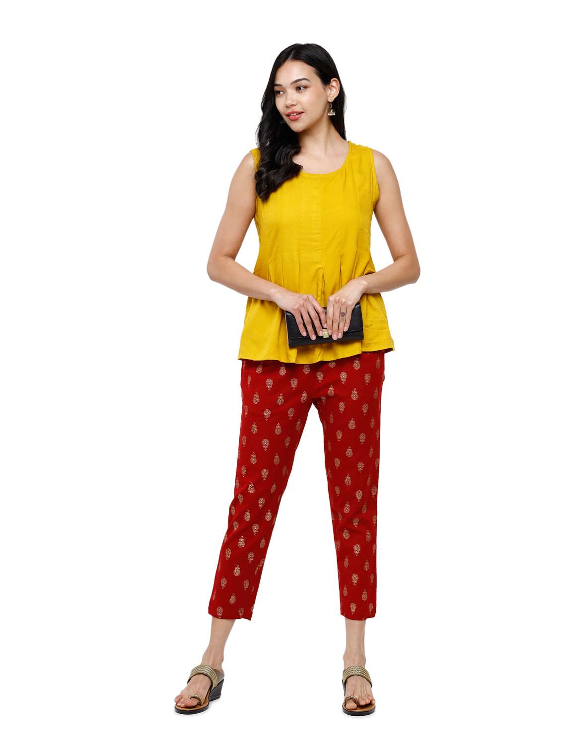 maroon printed straight trouser - 18203023 -  Standard Image - 3