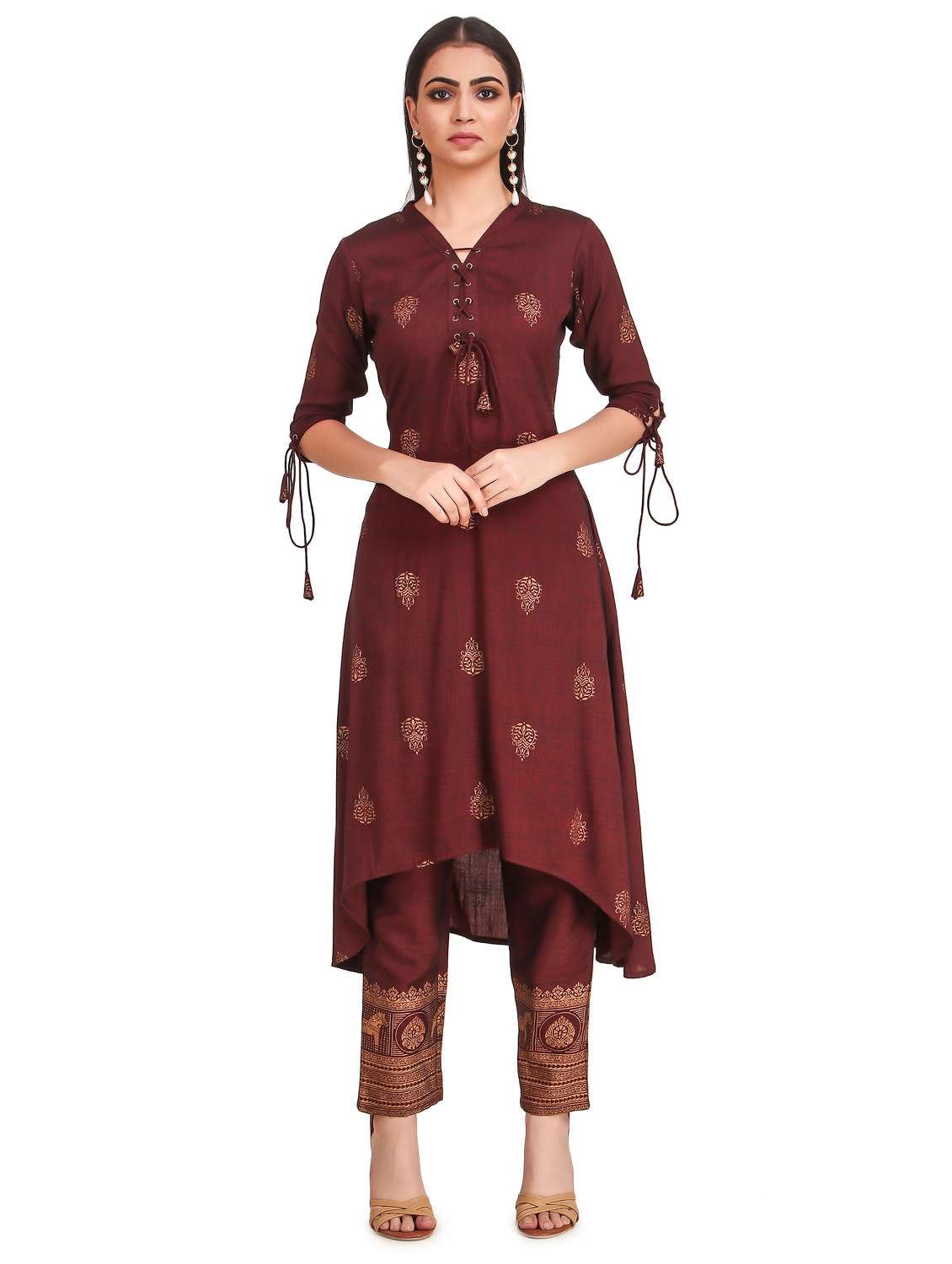 burgundy rayon kurta pant set - 18203686 - Zoom Image - 0