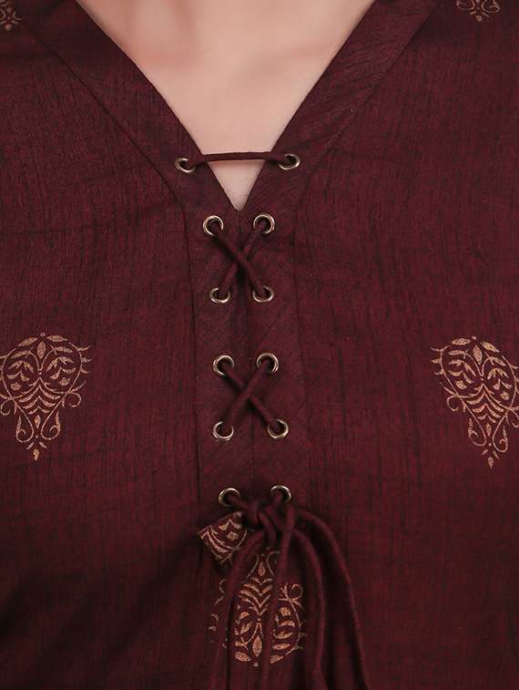 burgundy rayon kurta pant set - 18203686 - Standard Image - 3