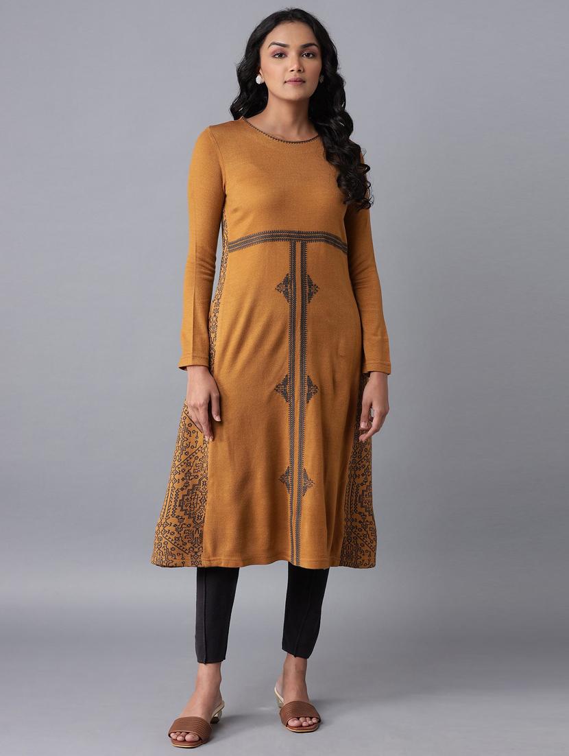 yellow cotton blend aline ethnic dress