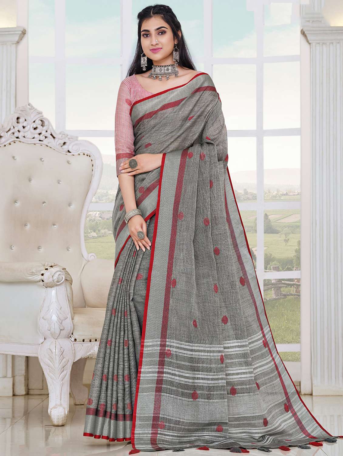 women's self design grey colored saree with blouse