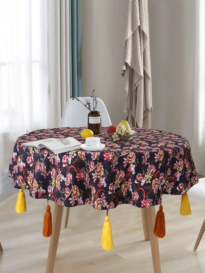 mezposh chintz navy & multi color polycotton floral digital printed 6 seater round table cover ( 150 cm dia)