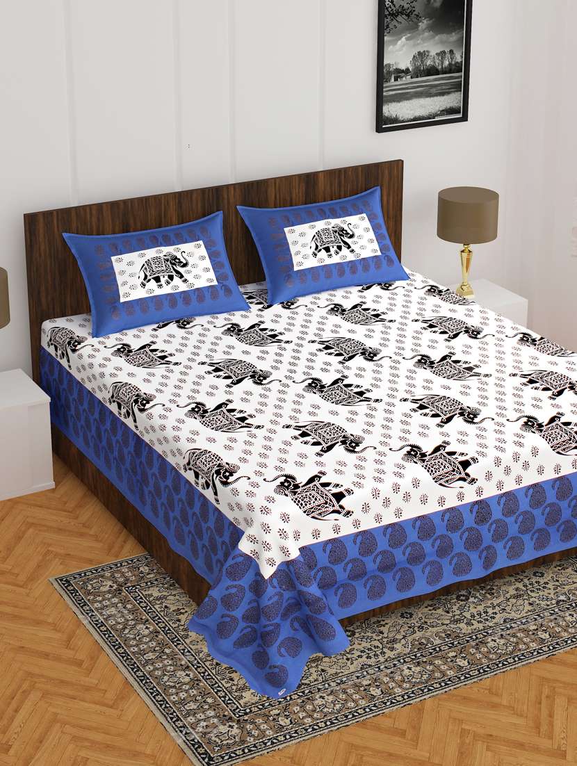 divamee jaipuri print cotton double bedsheet with 2 pillow covers -color resistance
