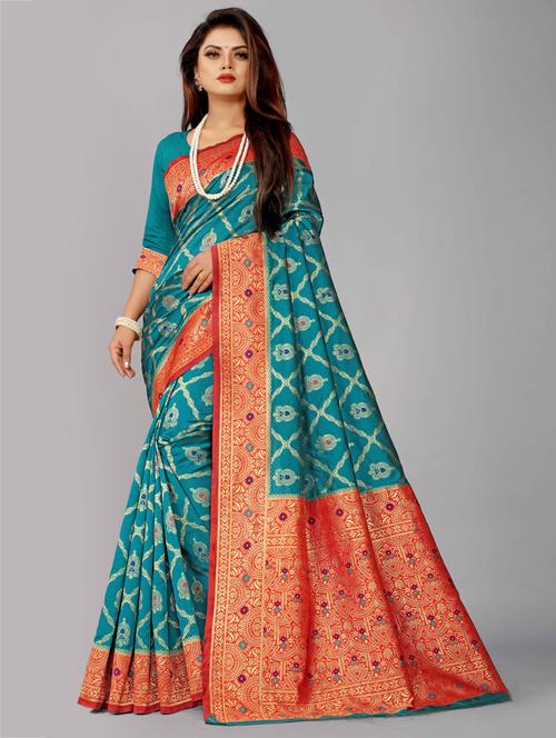 turquoise raw silk banarasi saree with blouse - 18210431 - Standard Image - 0