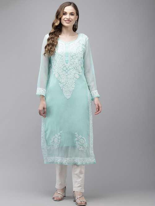 ada hand embroidered turquoise blue georgette lucknow chikankari kurta with slip - 18210851 -  Standard Image - 0