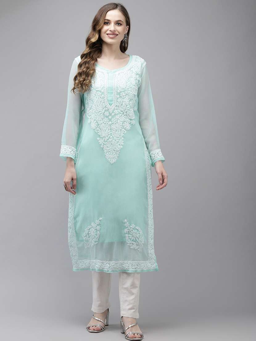ada hand embroidered turquoise blue georgette lucknow chikankari kurta with slip - 18210851 -  Zoom Image - 0