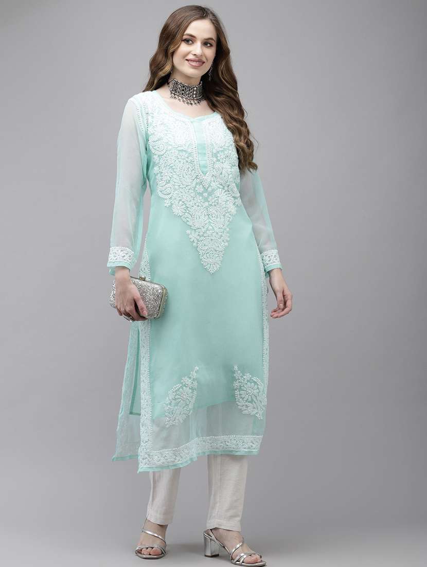 ada hand embroidered turquoise blue georgette lucknow chikankari kurta with slip - 18210851 - Standard Image - 3