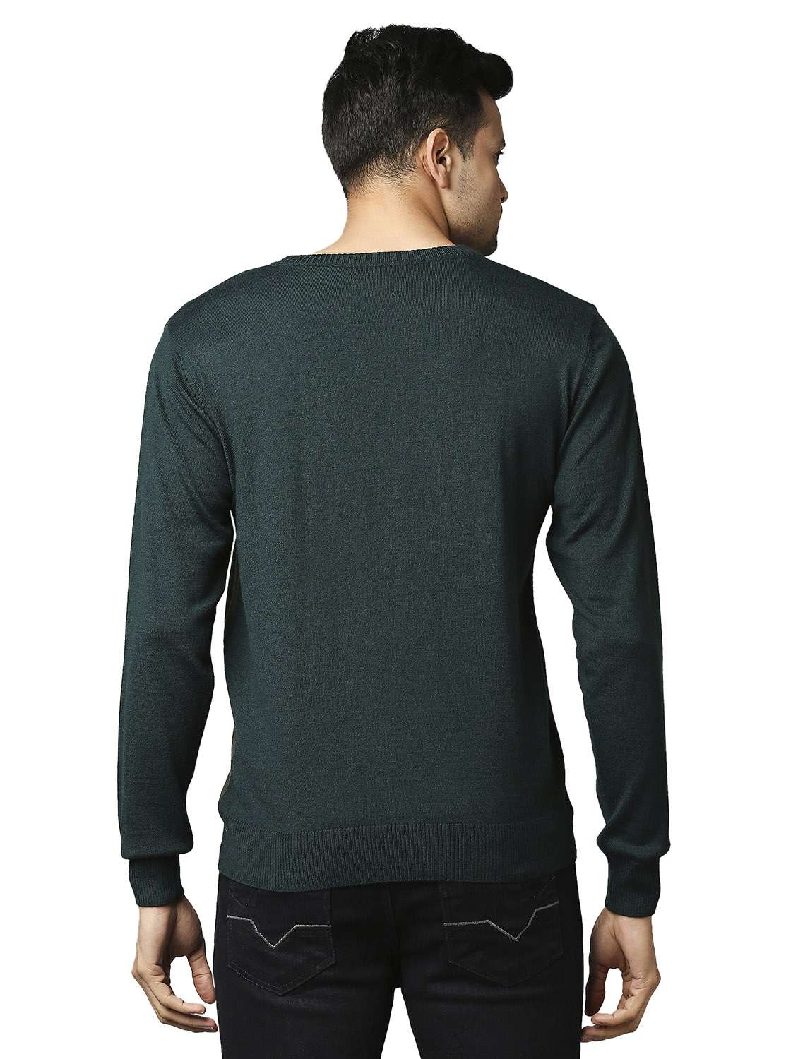 Buy online Bottle-green Color-blocked Pullover from Sweaters