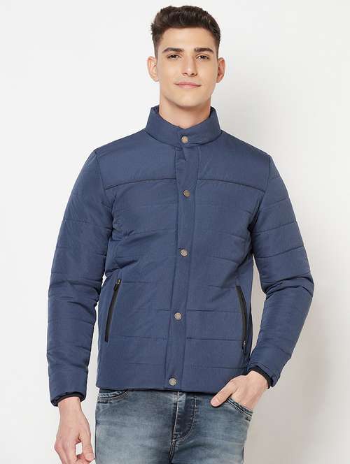 men blue solid long sleevequilted jacket - 18211500 -  Standard Image - 0