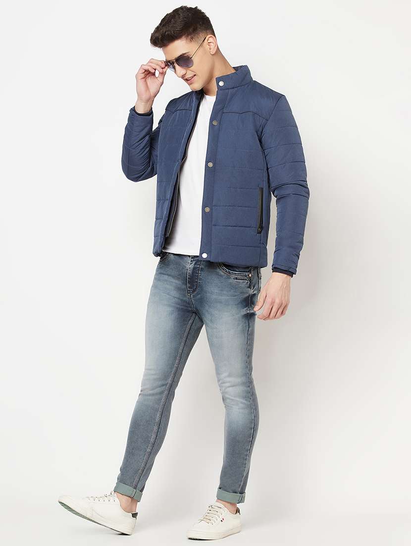 men blue solid long sleevequilted jacket - 18211500 - Standard Image - 3
