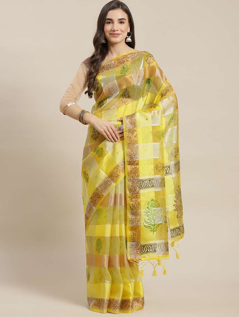 yellow tissue printed saree with blouse